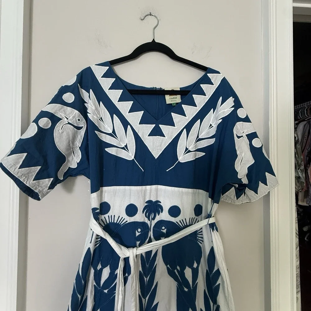 Farm Rio Blue White Embroidered Maxi Dress Tropical Sz S EUC Cruise Resort